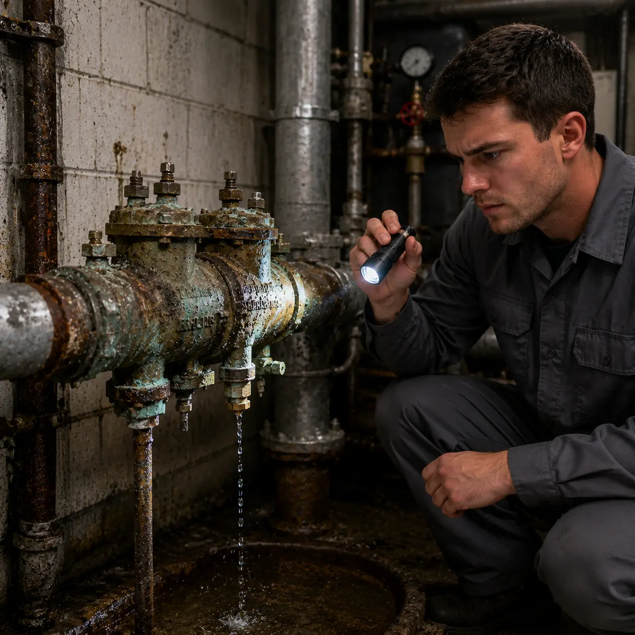 Plumbing technician inspecting a heavily corroded backflow preventer leaking inside a US commercial mechanical room.