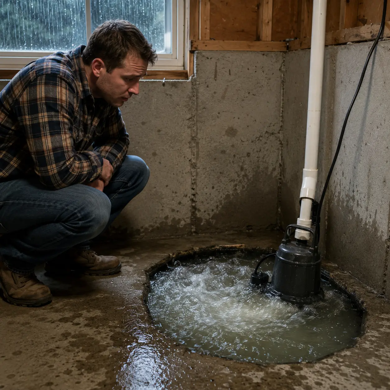 Concerned homeowner inspecting a rapidly filling sump pit during heavy rain in an unfinished US basement.