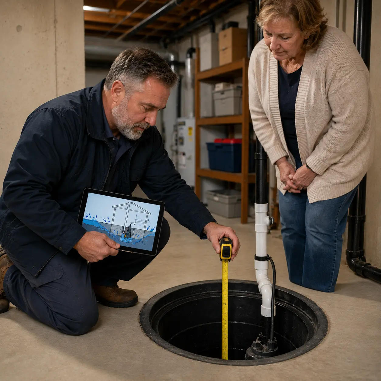 Plumbing technician measuring sump pit depth while explaining drainage flow to a homeowner in a clean US basement.