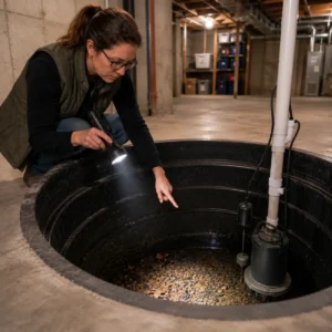 Woman examining sediment buildup inside a large sump pit with a flashlight in an unfinished US basement.