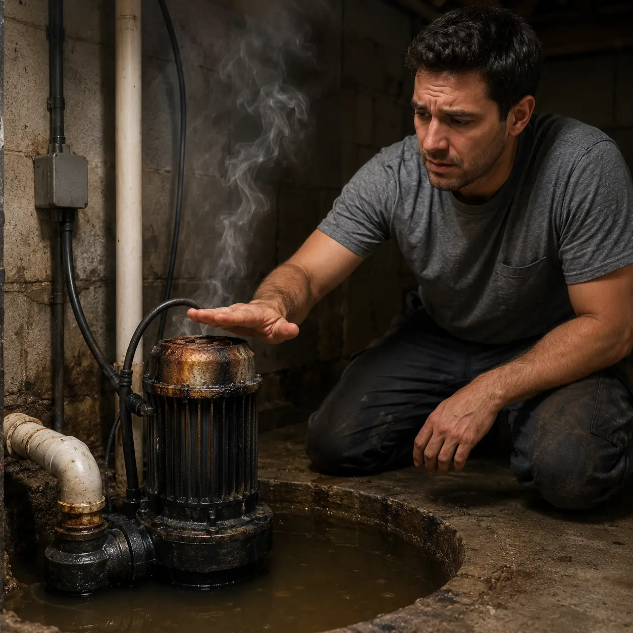 Homeowner inspecting an overheating sump pump in a damp basement utility area.