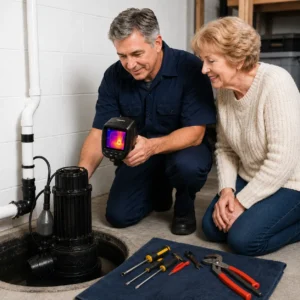 Professional technician using a thermal imaging camera to inspect a sump pump during basement maintenance service.