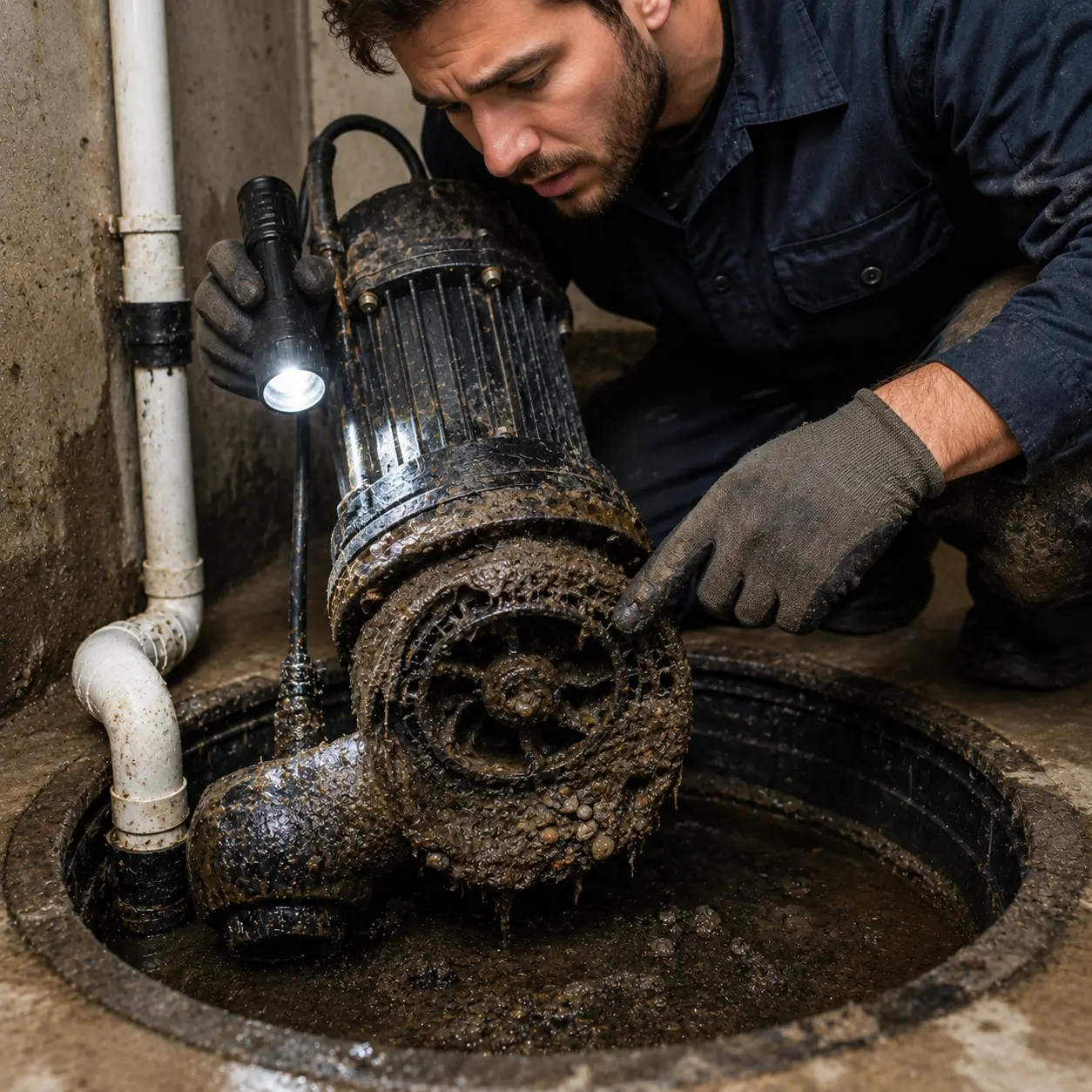 Technician lifting a clogged sump pump from a basement pit to inspect mud and debris blocking the intake screen.