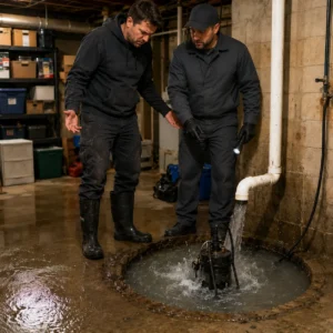Professional sump pump technician inspecting flooded basement while sump pump struggles during heavy rain
