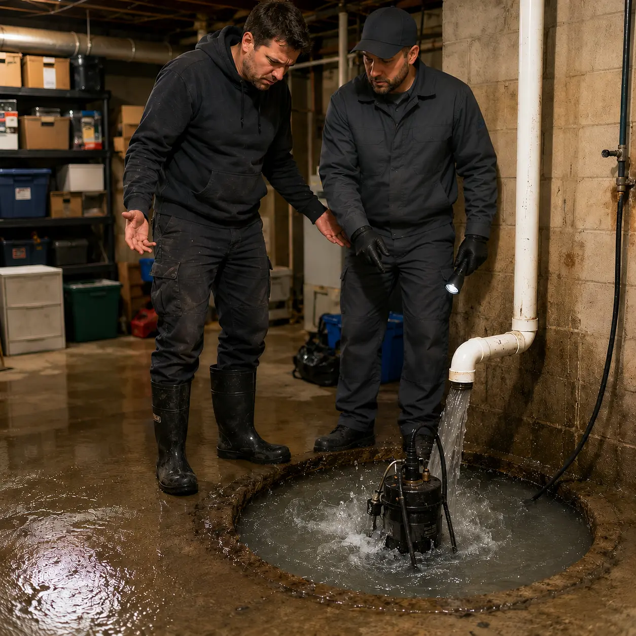 Professional sump pump technician inspecting flooded basement while sump pump struggles during heavy rain