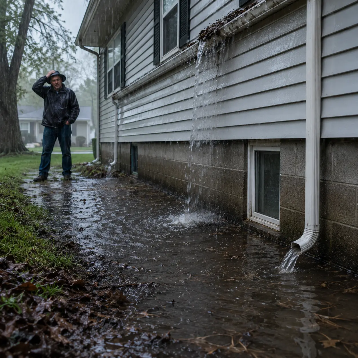 Heavy rain causing water pooling near house foundation due to poor drainage and overflowing gutters