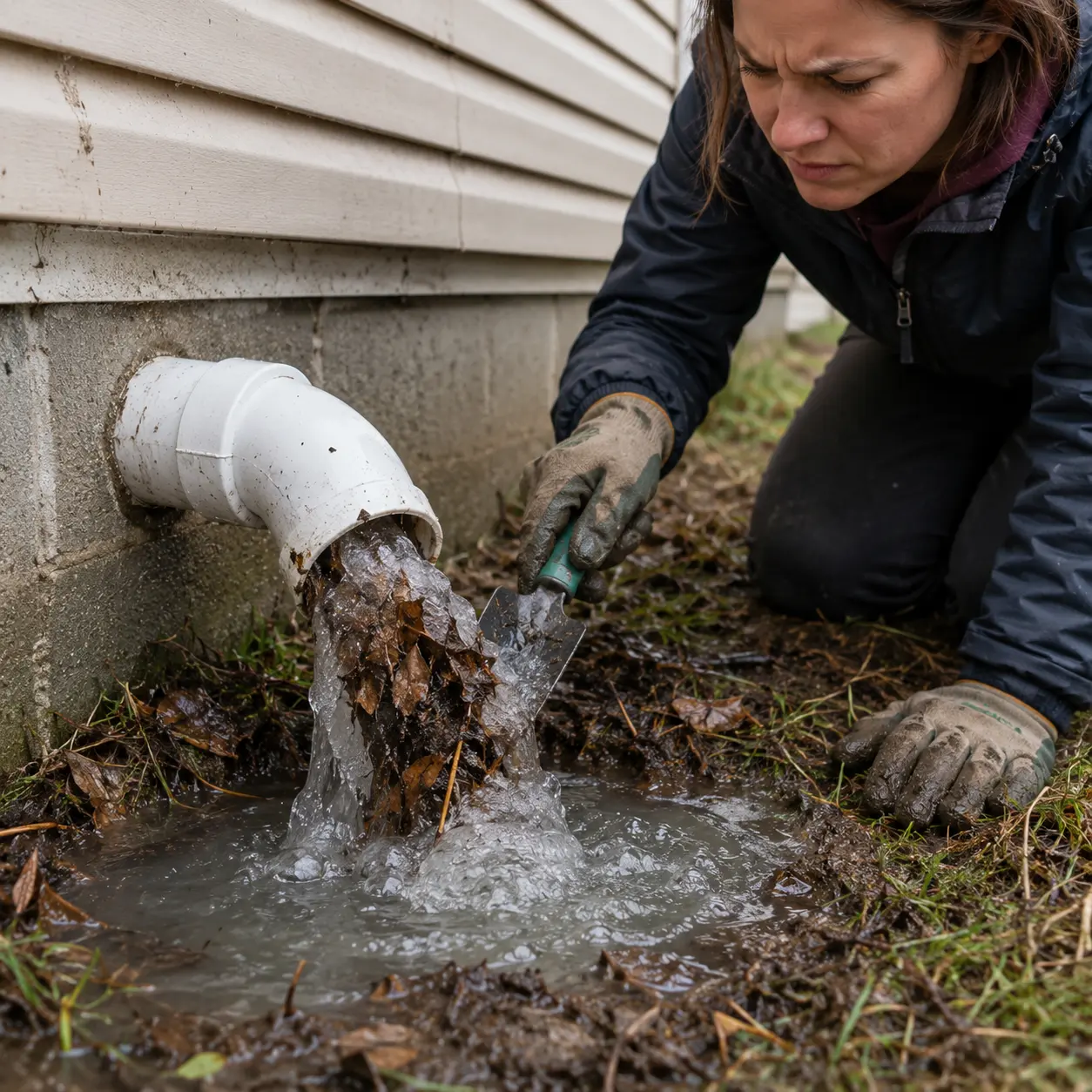 Woman clearing clogged sump pump discharge pipe blocked by ice leaves and mud outside home foundation