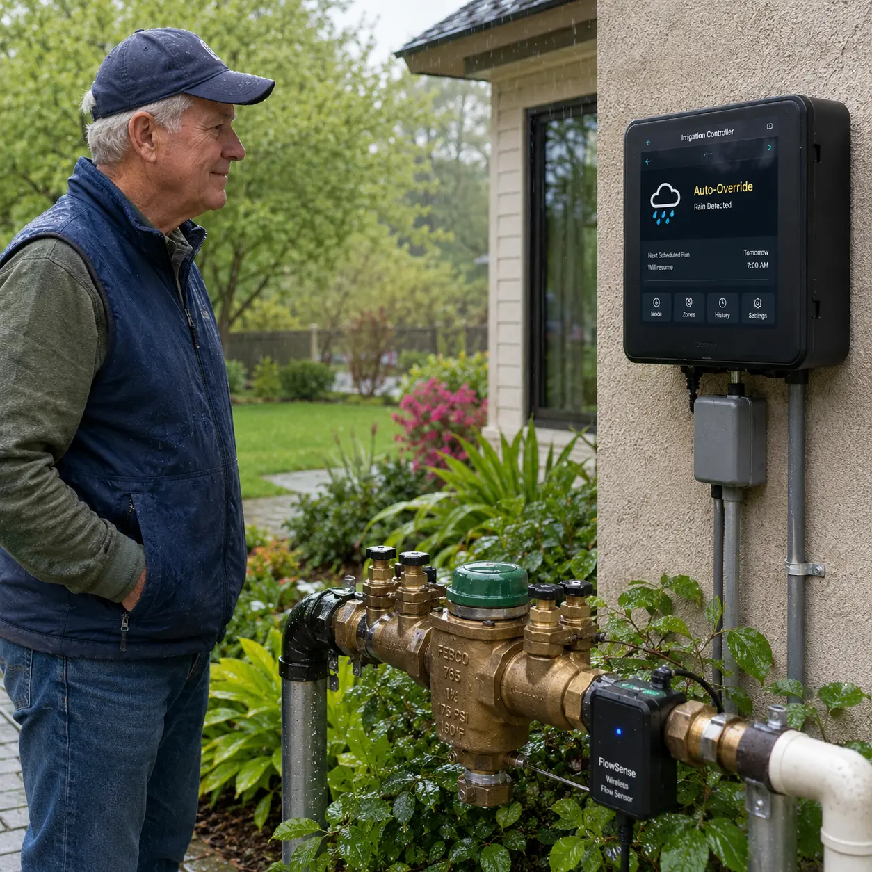 Older homeowner monitoring a smart irrigation controller and backflow preventer system during light spring rain in a residential garden.