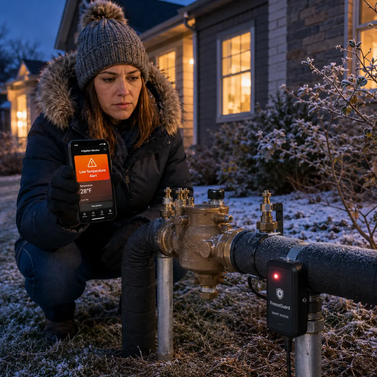 Woman checking low temperature freeze alert on smartphone beside outdoor irrigation backflow preventer with smart sensor during winter evening.