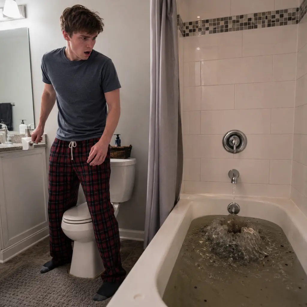 Plumber removing stubborn hair clog from residential bathtub drain using auger.