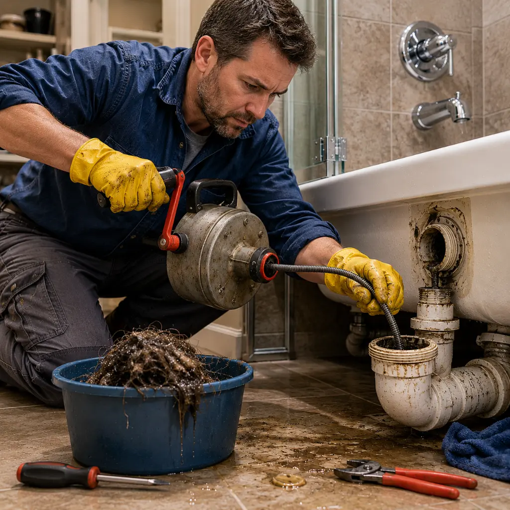 Professional plumber inspecting tree root blockage inside residential main sewer pipeline.