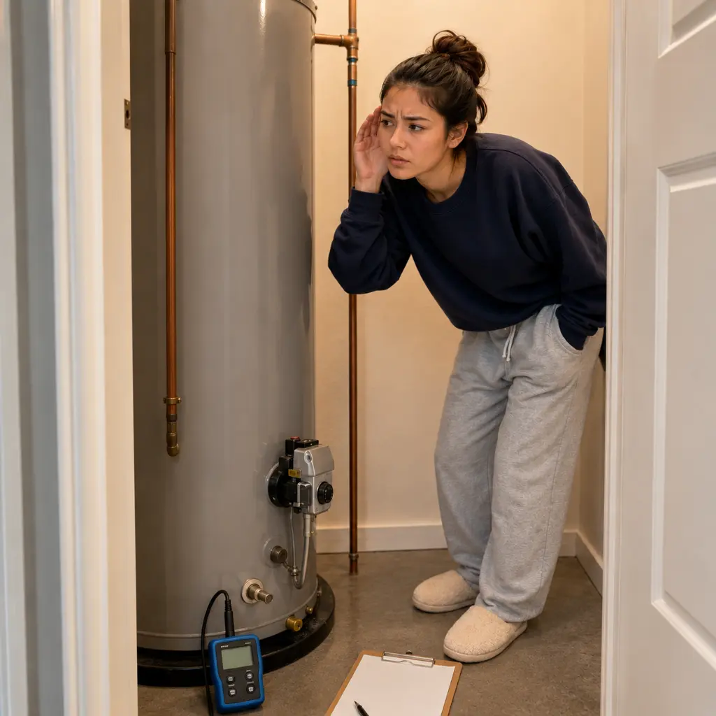 Woman listening closely to rumbling water heater inside utility closet.