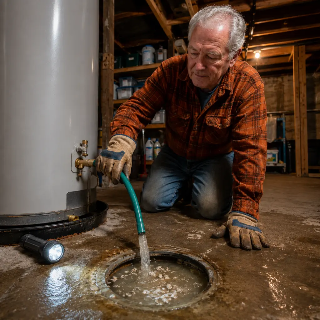 Homeowner flushing water heater sediment through hose into floor drain.