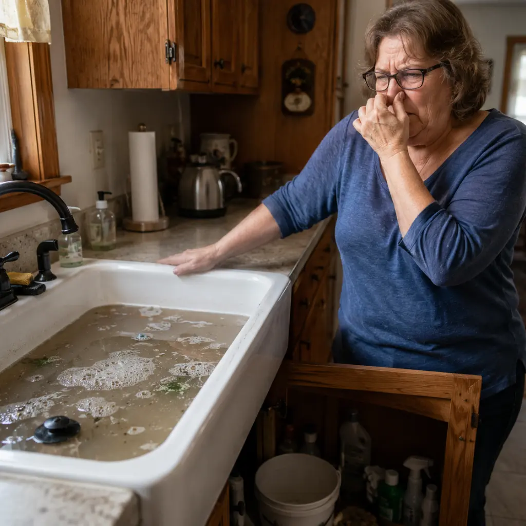 Older woman reacting disgustedly to foul smelling clogged kitchen sink drainage 
