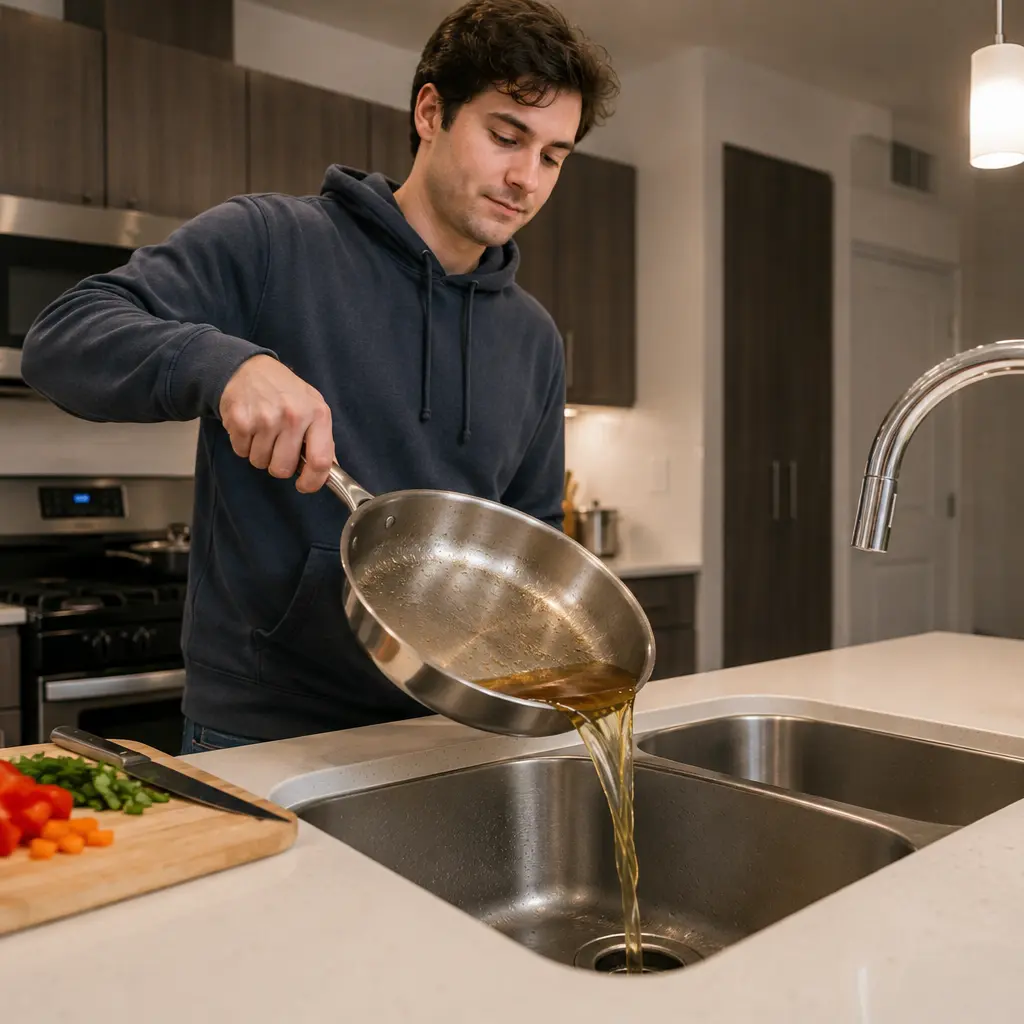 Older woman reacting disgustedly to foul smelling clogged kitchen sink drainage