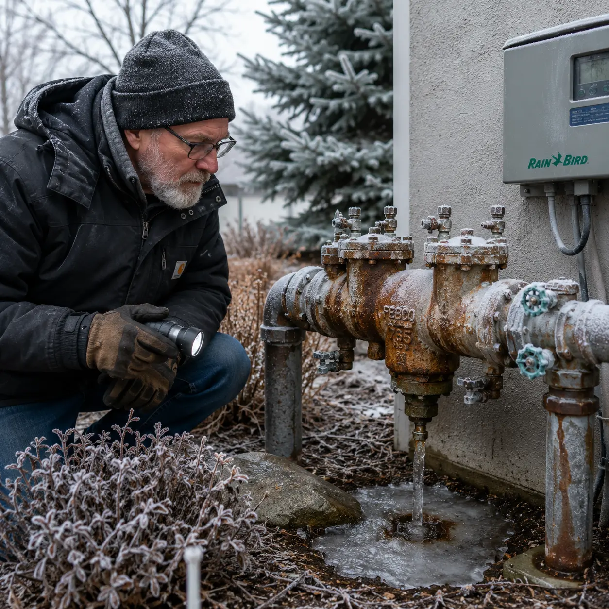 Older man inspecting a rusted outdoor RPZ backflow preventer with frozen leakage near a US irrigation control system during winter.