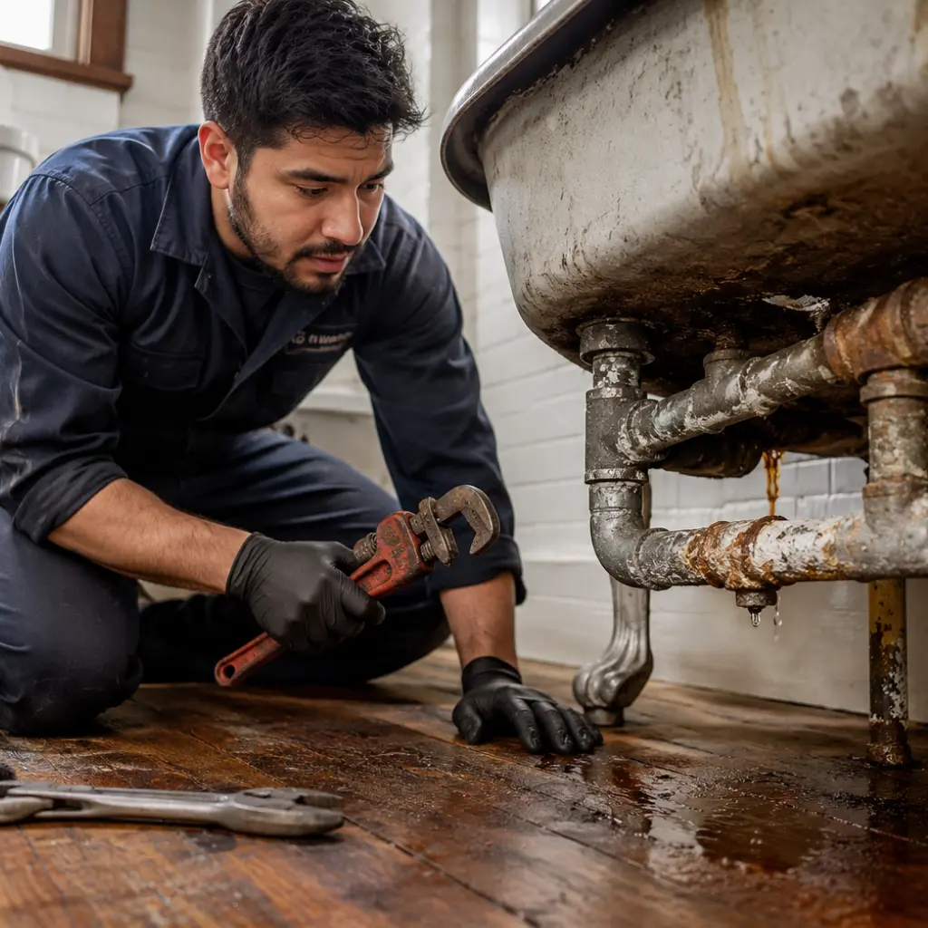 Plumber inspecting leaking corroded bathtub pipes beneath older American bathroom flooring