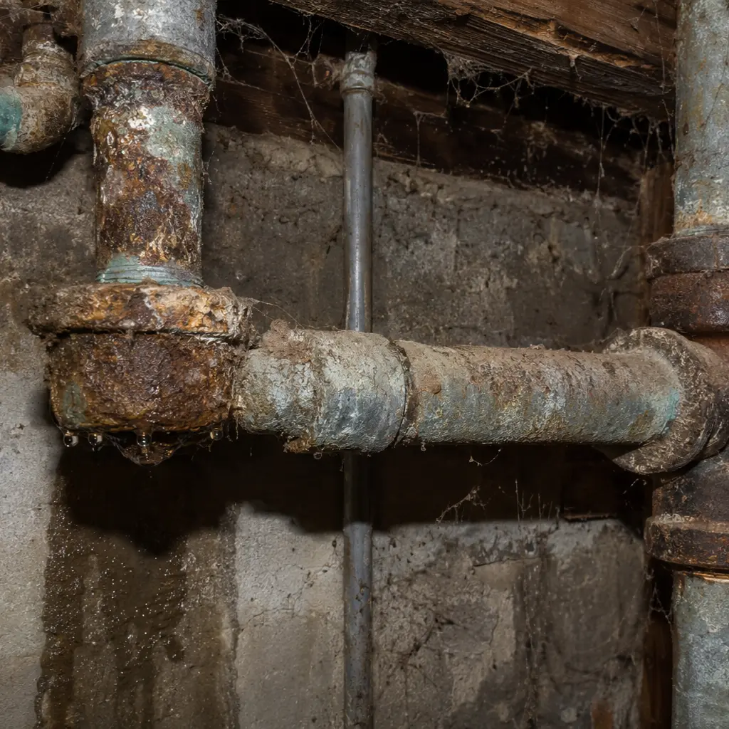 Plumber inspecting leaking corroded bathtub pipes beneath older American bathroom flooring
