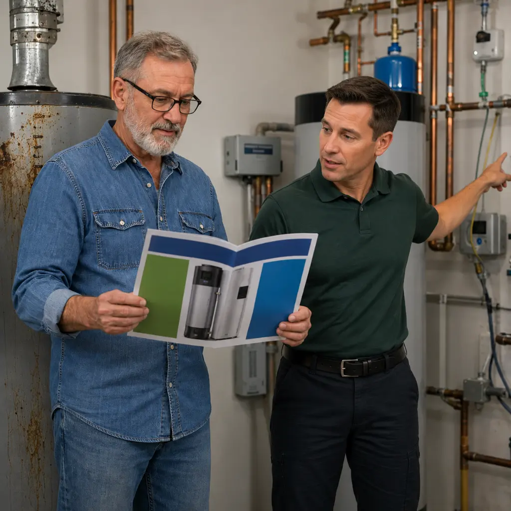 Homeowner discussing energy efficient water heater replacement with technician