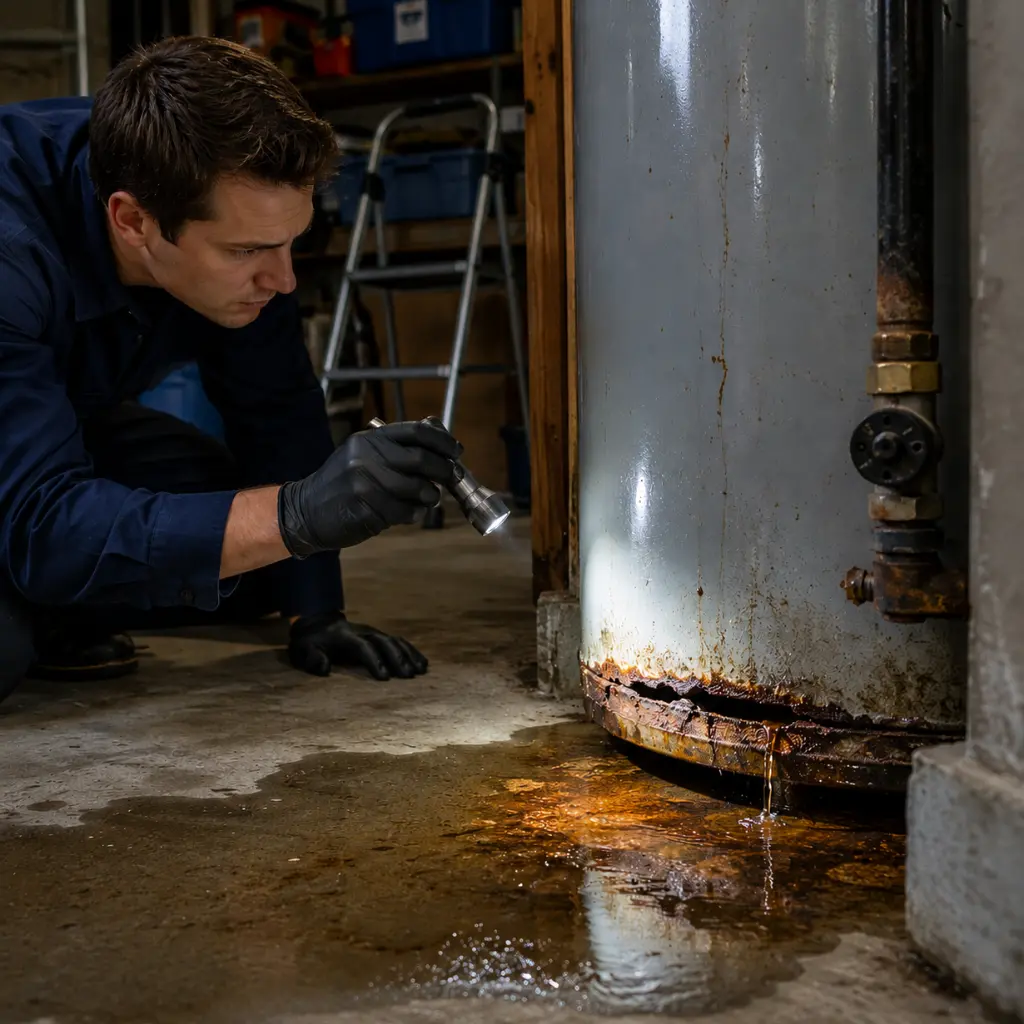 Frustrated homeowner reviewing failed water heater parts after repeated breakdowns