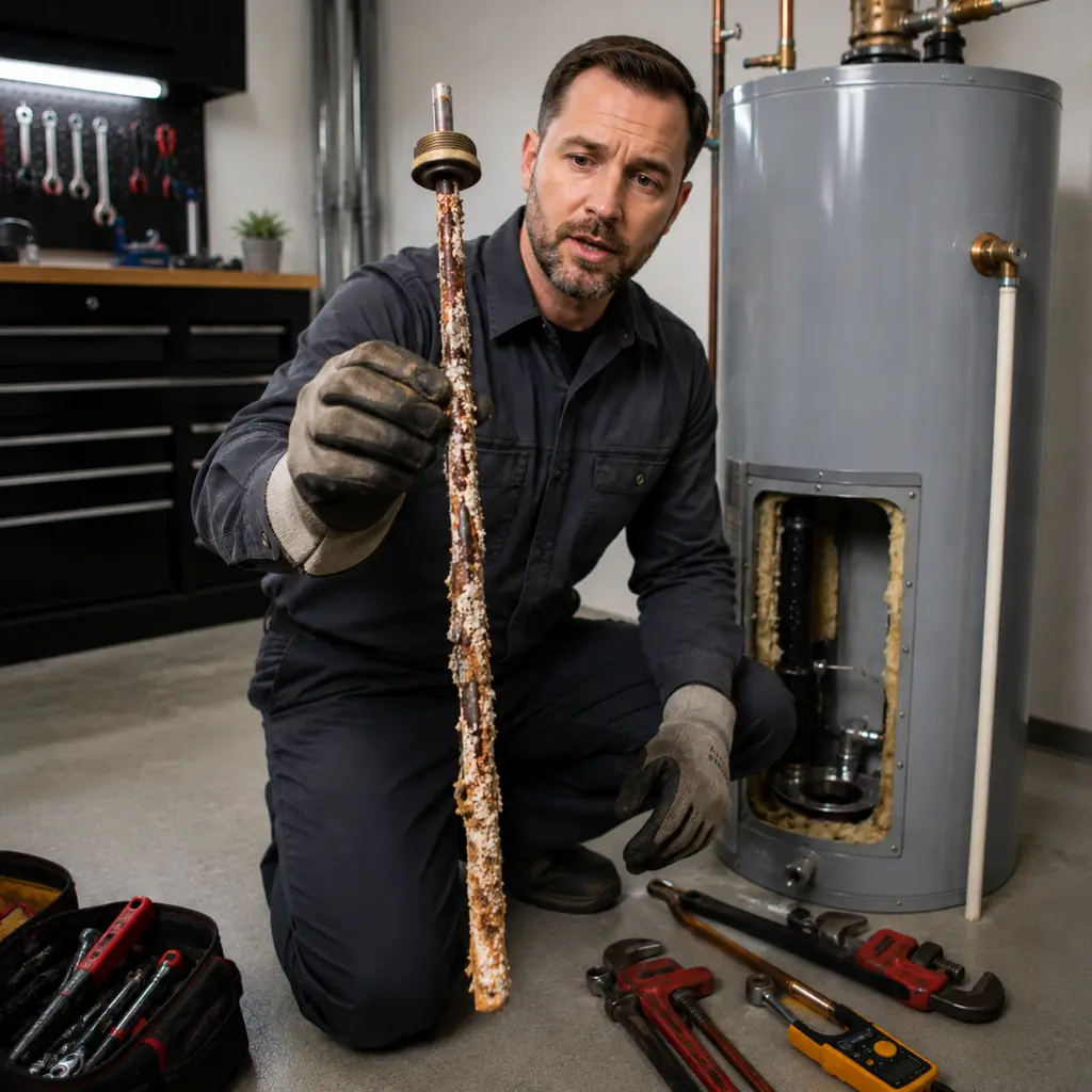 Plumber holding severely corroded anode rod beside water heater.