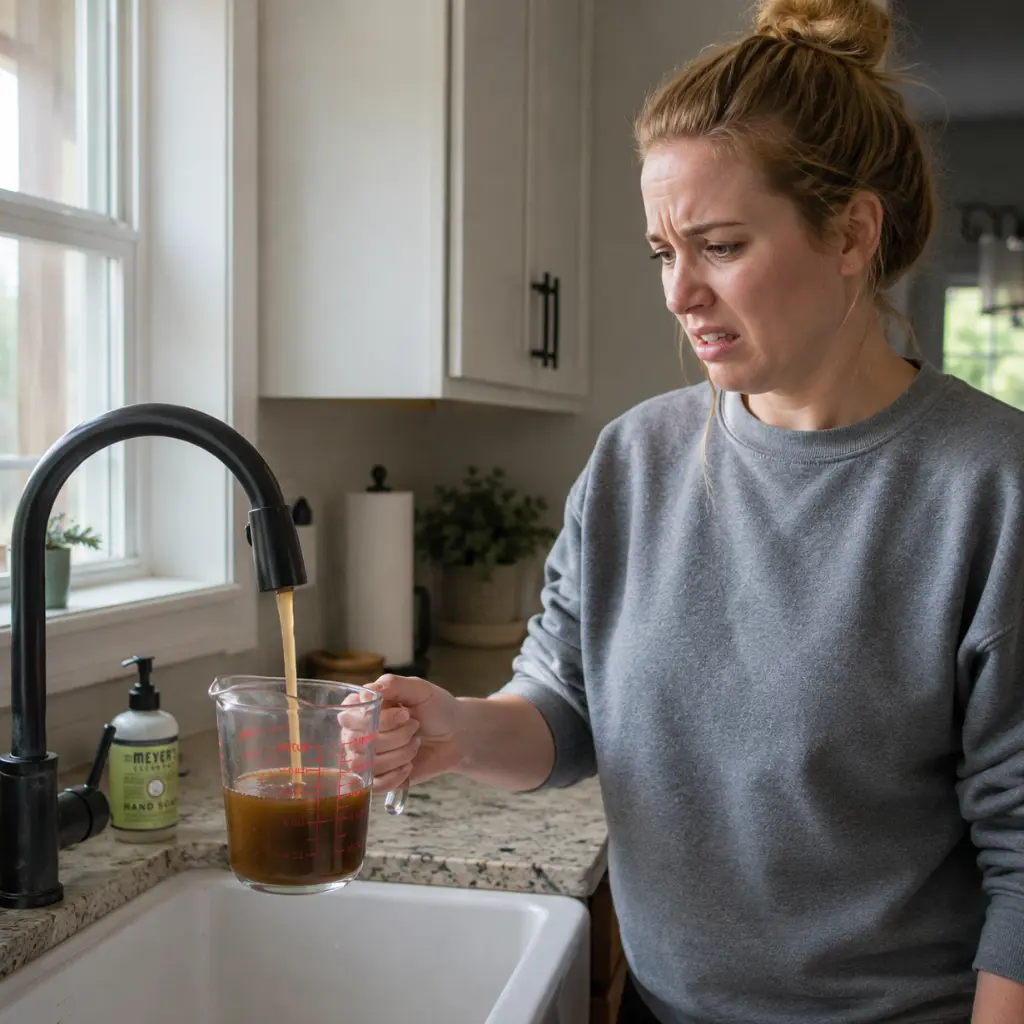 Homeowner concerned about rusty water flowing from bathroom showerhead.
