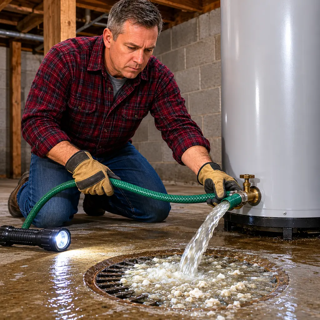 Homeowner flushing water heater sediment through drain hose during maintenance.