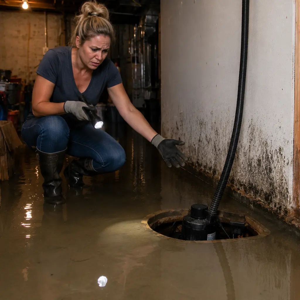 Woman examining basement flooding and mold growth near residential sump pump