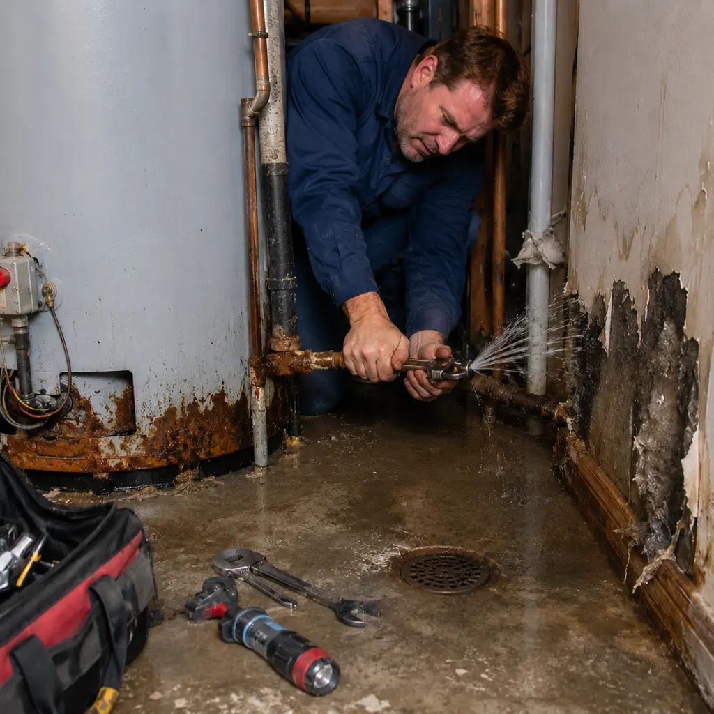 Plumber repairing burst pipe beside damaged basement wall and leaking waterheater 

