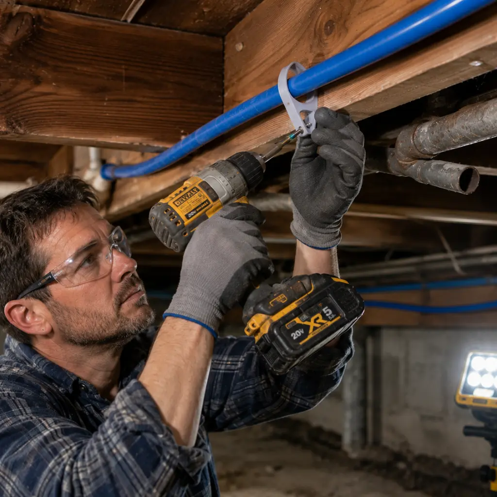 Plumber securing blue PEX pipe beneath unfinished American basement ceiling joists.