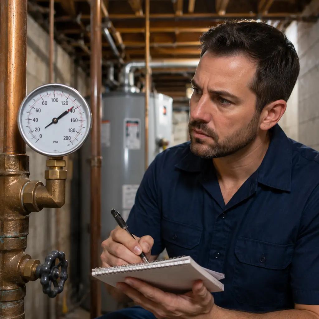 Technician installing water hammer arrestor behind residential American laundry washing machine.