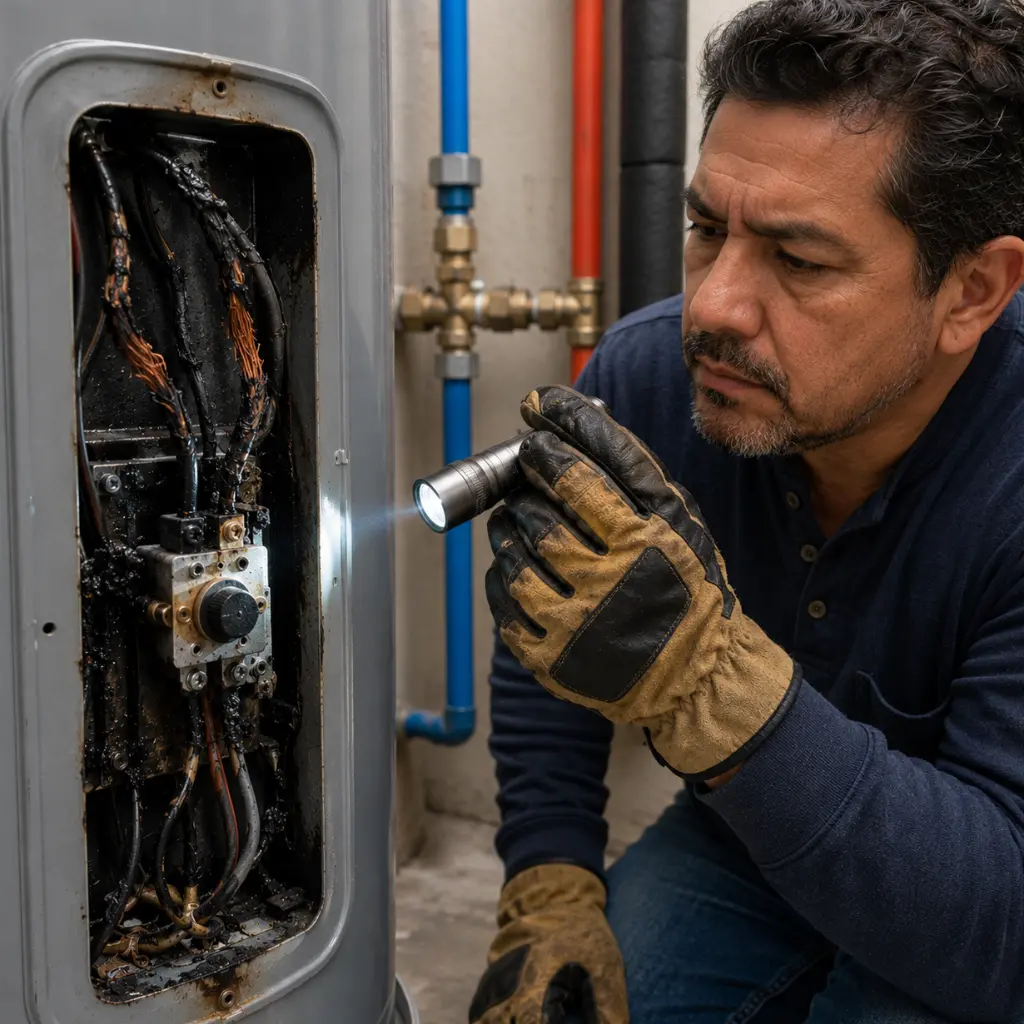 Technician inspecting burnt water heater wiring causing dangerous electrical failure.