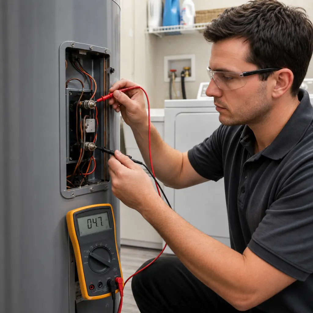 Electrician scanning breaker panel hotspot using infrared thermal imaging.