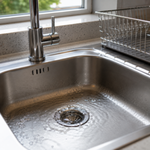 Homeowner investigating a kitchen sink that gurgles after draining normally.
