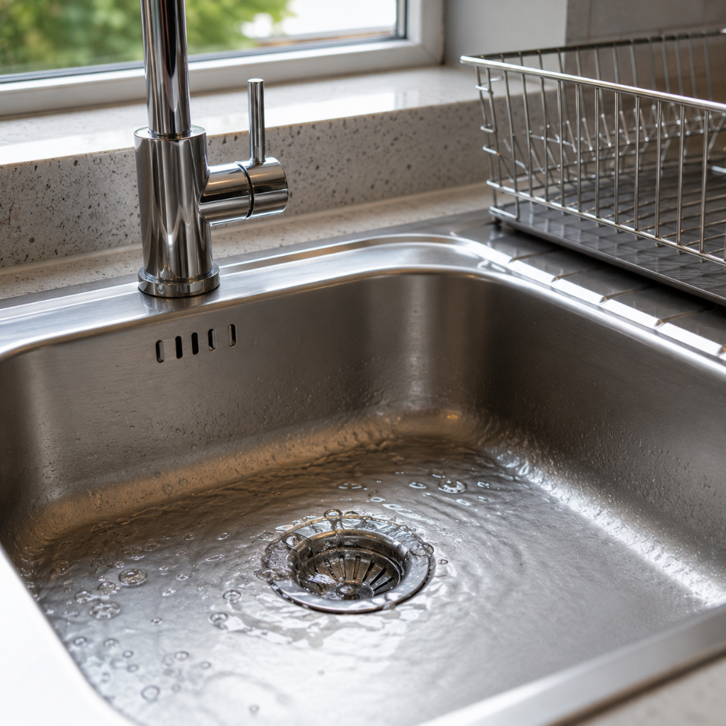 Homeowner investigating a kitchen sink that gurgles after draining normally.