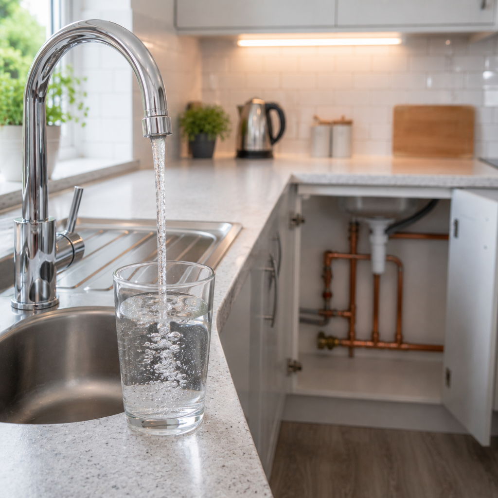 Professional plumber inspecting under-sink pipework to diagnose a gurgling drain.