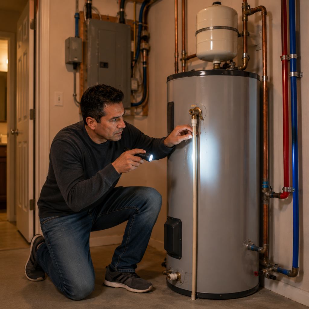 A blue expansion tank mounted on the cold water pipe above a residential water heater in a basement.