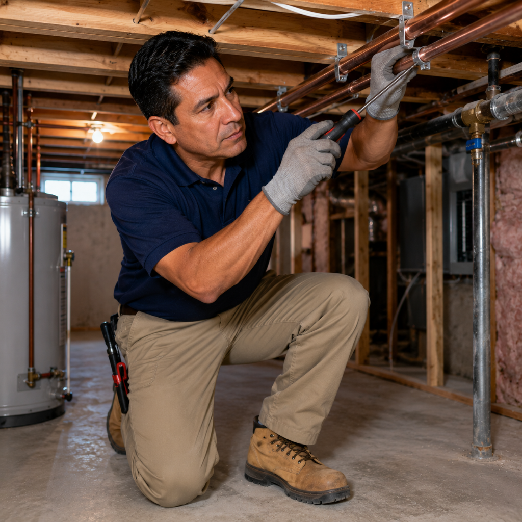 American homeowner identifying the main water shutoff valve inside a basement.