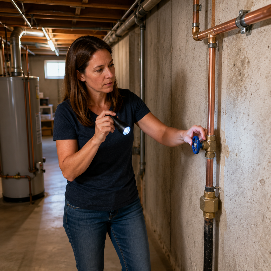 American plumber explaining where the home's main water line enters the foundation.