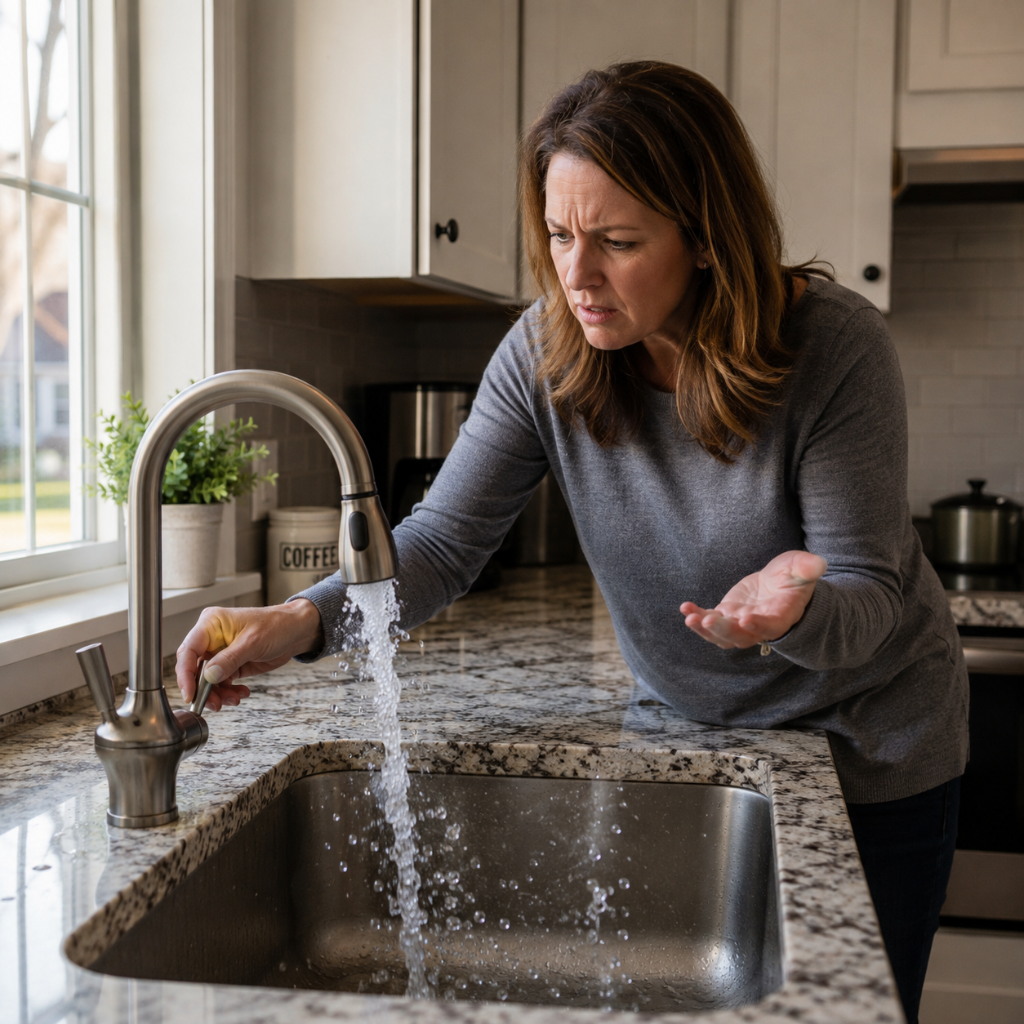 Middle-aged American homeowner experiencing a sputtering kitchen faucet caused by trapped air in water pipes.