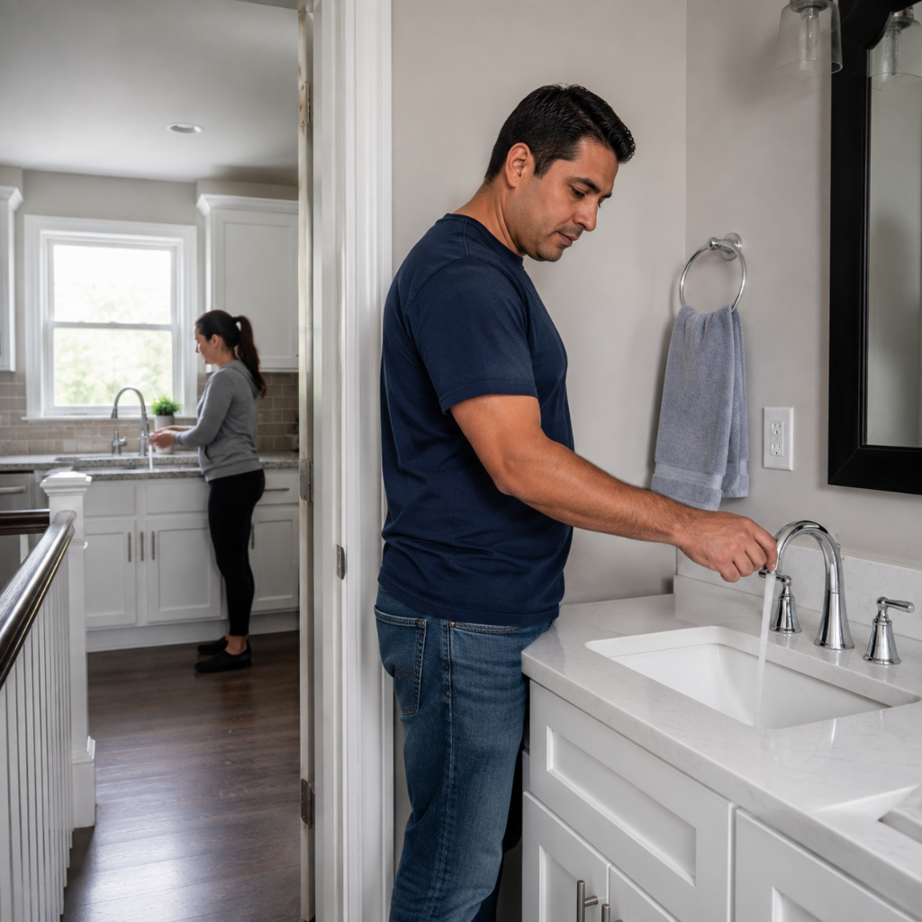 American homeowner safely clearing trapped air from household water pipes by running multiple faucets.