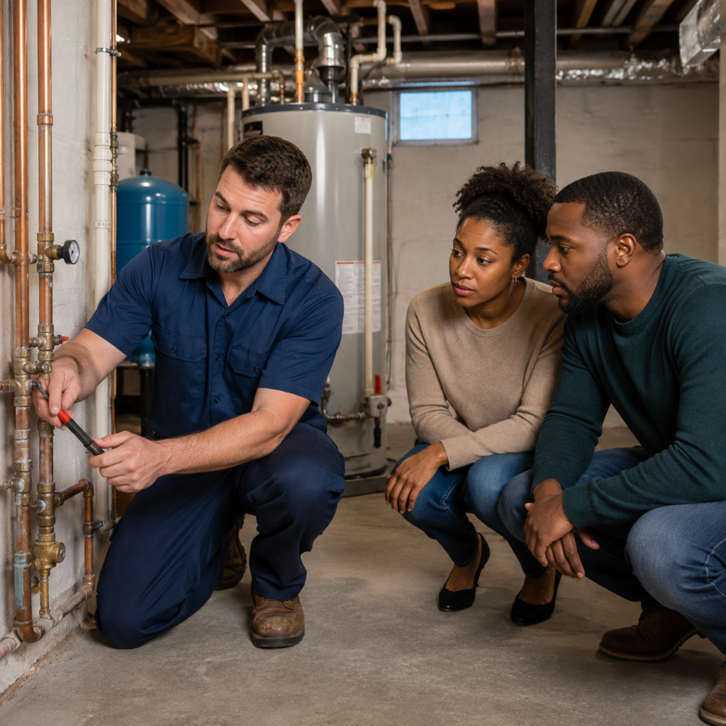 Licensed American plumber inspecting residential water pipes to diagnose recurring trapped air problems.