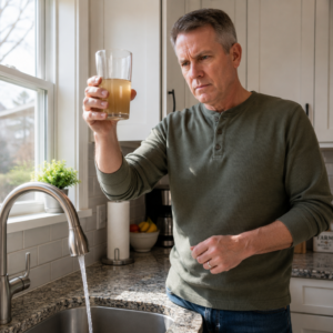 American homeowner noticing rusty brown tap water caused by pipe corrosion in a residential kitchen.