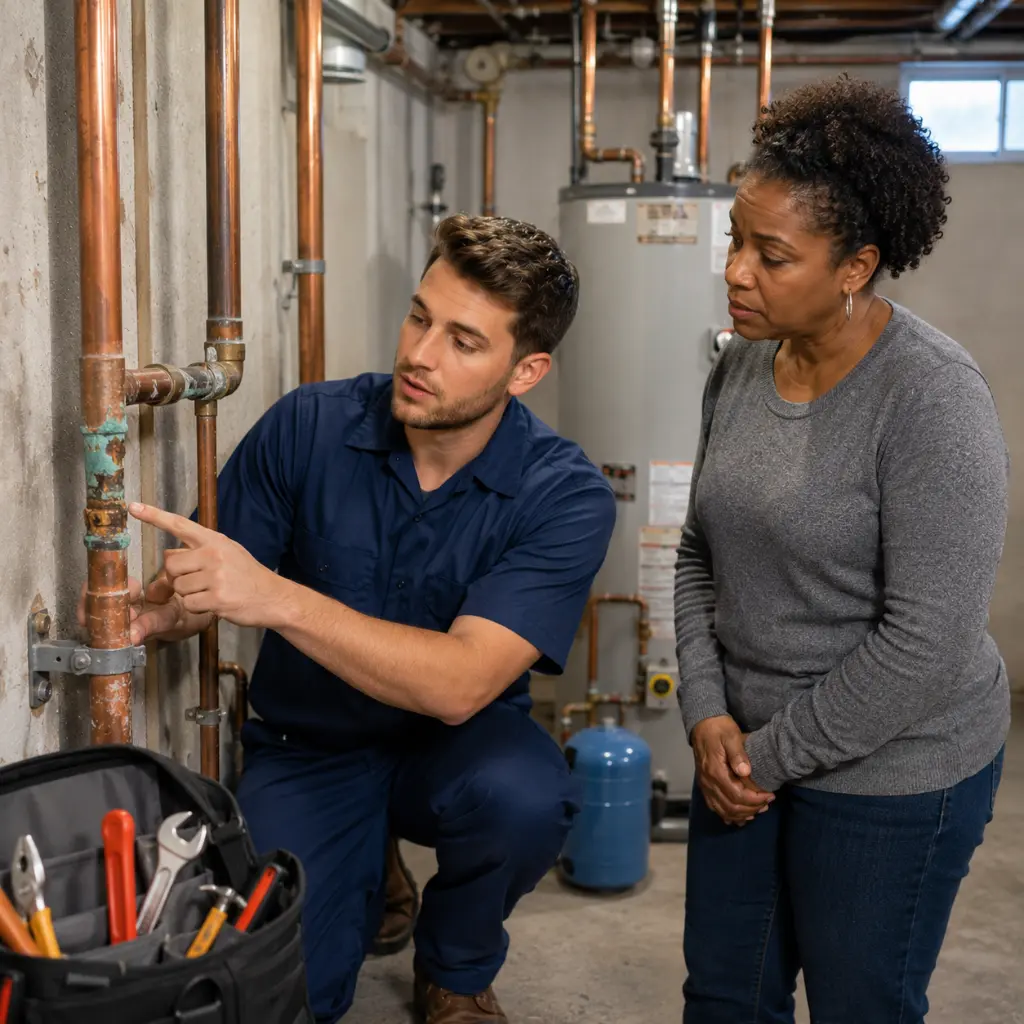 Licensed American plumber inspecting corroded copper plumbing pipes with a homeowner in a residential basement.