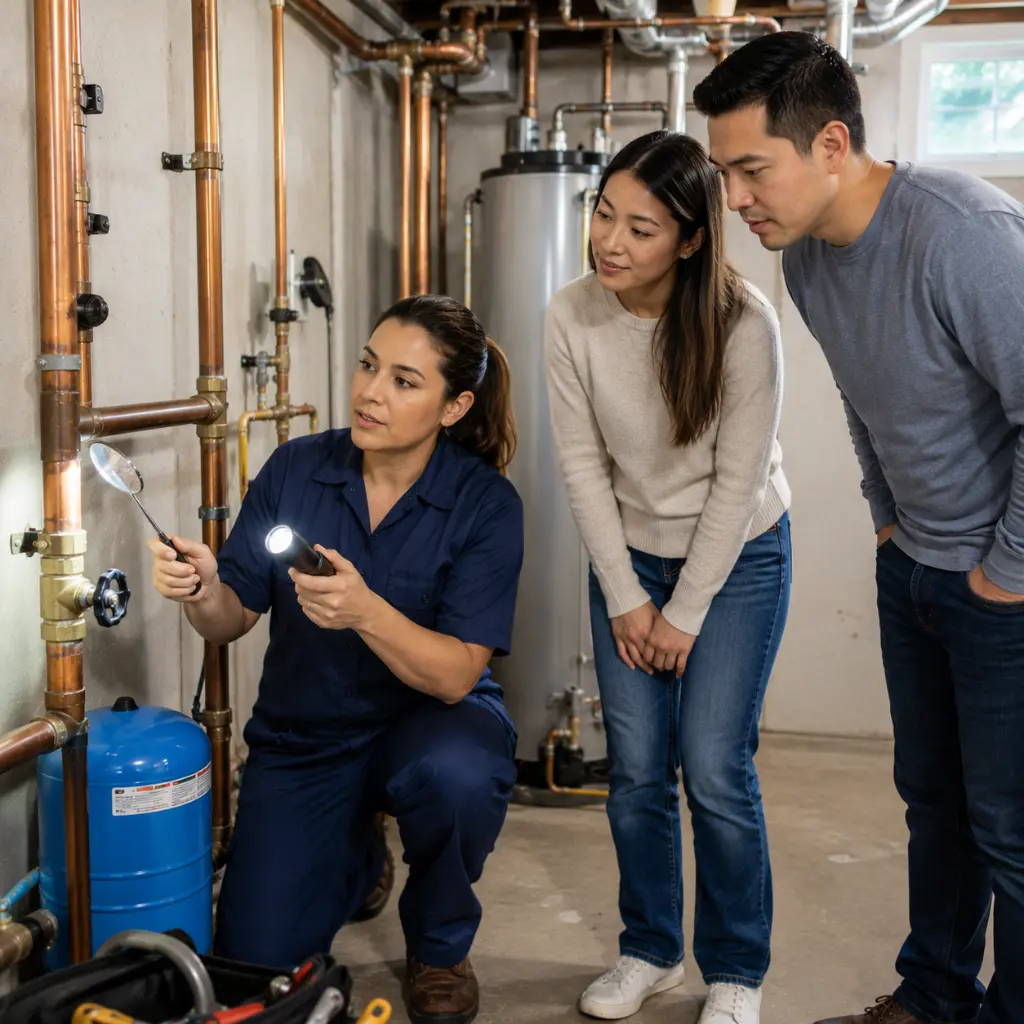 Professional plumber performing a preventive inspection of residential water pipes to help prevent pipe corrosion.