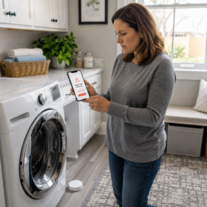 American homeowner receiving a smart leak sensor alert beside a washing machine before water damage occurs.