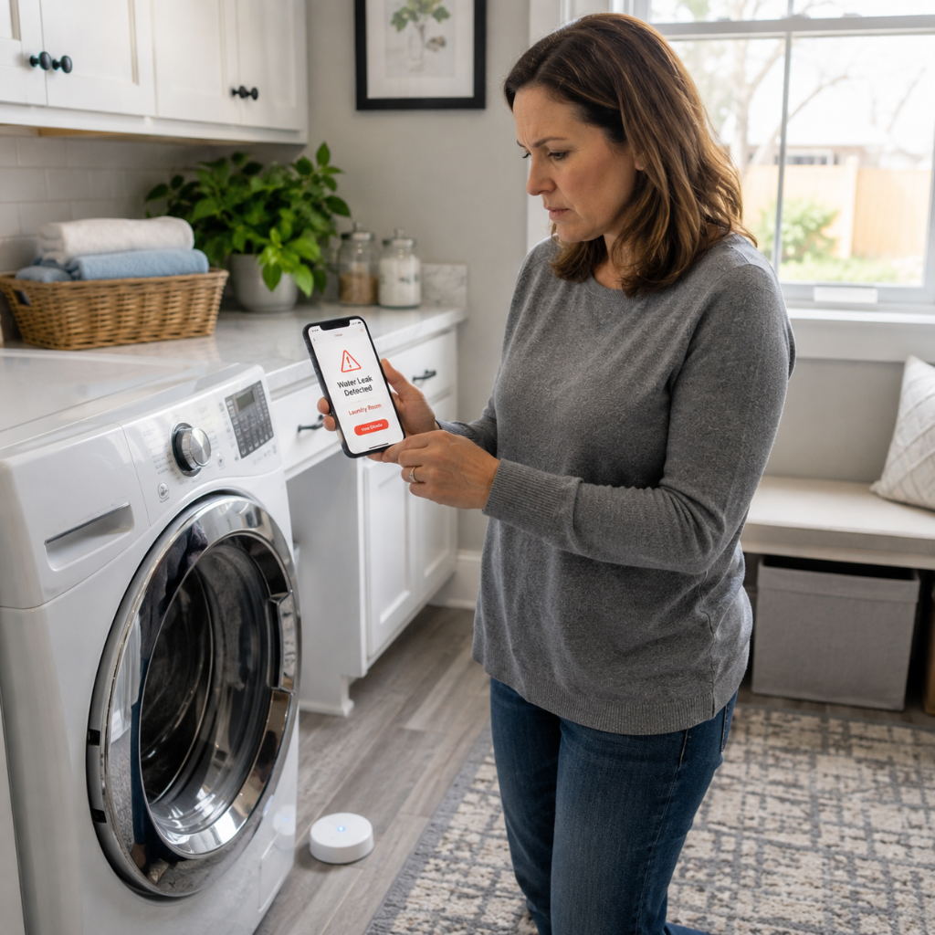 American homeowner receiving a smart leak sensor alert beside a washing machine before water damage occurs.