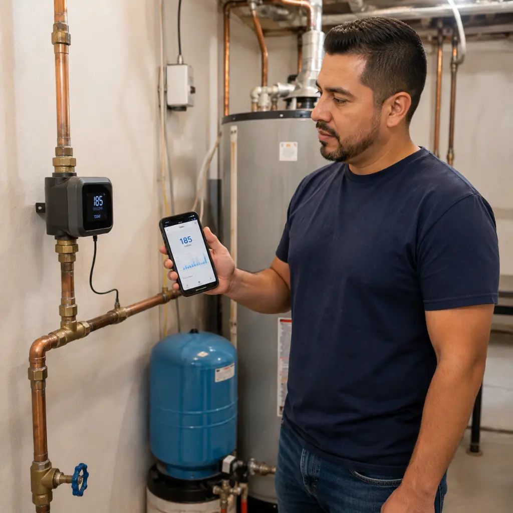 American homeowner monitoring household water usage using a smart plumbing system and smartphone.