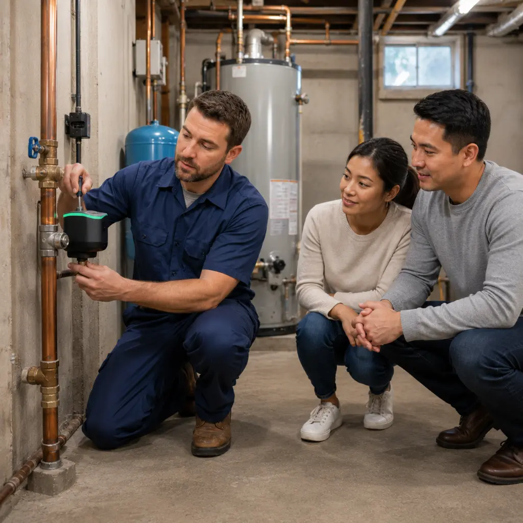 Licensed American plumber installing a smart automatic water shutoff valve while explaining the system to homeowners.