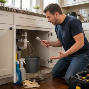 American homeowner attempting a DIY kitchen sink plumbing repair that results in a water leak.